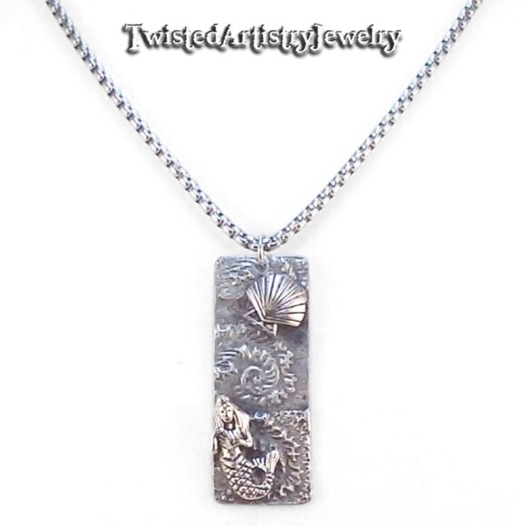 Mermaid, Sea Shell and Waves Seascape Rectangle Pendant Necklace - Picture 1 of 6